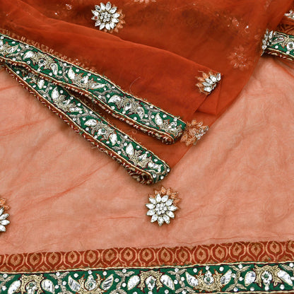 Indian Vintage Heavy Orange Dupatta Net Mesh Long Stole Hand Embroidered Scarves Golden Zardozi Dabka Zari Stole Bridal/ Wedding veil