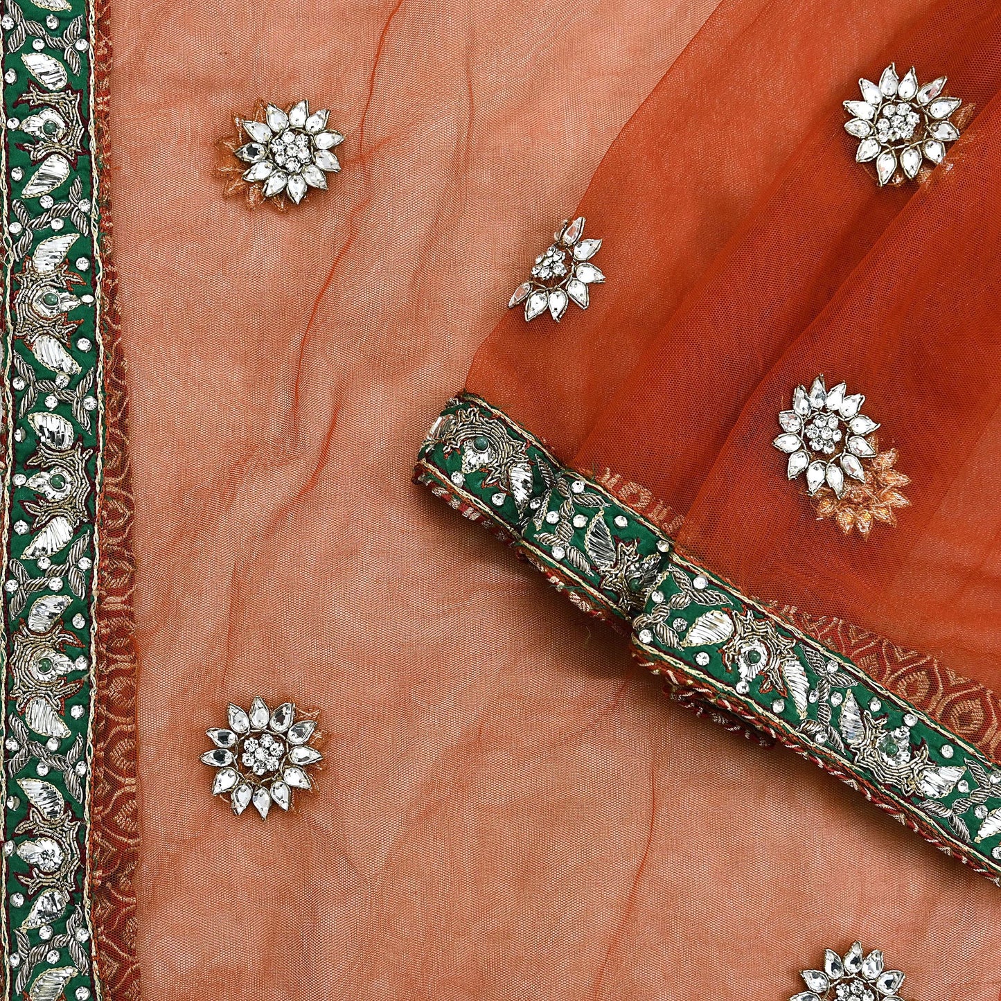 Indian Vintage Heavy Orange Dupatta Net Mesh Long Stole Hand Embroidered Scarves Golden Zardozi Dabka Zari Stole Bridal/ Wedding veil