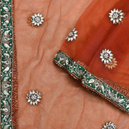 Indian Vintage Heavy Orange Dupatta Net Mesh Long Stole Hand Embroidered Scarves Golden Zardozi Dabka Zari Stole Bridal/ Wedding veil