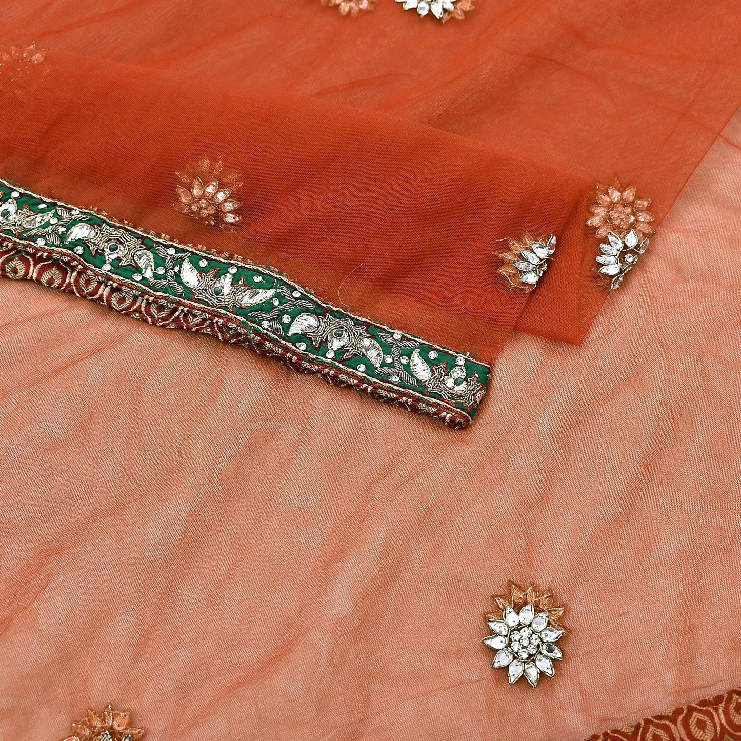 Indian Vintage Heavy Orange Dupatta Net Mesh Long Stole Hand Embroidered Scarves Golden Zardozi Dabka Zari Stole Bridal/ Wedding veil