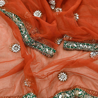 Indian Vintage Heavy Orange Dupatta Net Mesh Long Stole Hand Embroidered Scarves Golden Zardozi Dabka Zari Stole Bridal/ Wedding veil