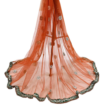 Indian Vintage Heavy Orange Dupatta Net Mesh Long Stole Hand Embroidered Scarves Golden Zardozi Dabka Zari Stole Bridal/ Wedding veil