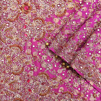 Indian Vintage Heavy Magenta Dupatta Pure Georgette Silk Long Stole Hand Embroidered Scarf Zardozi/Dabka