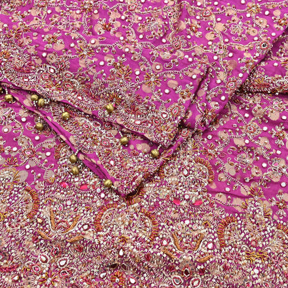 Indian Vintage Heavy Magenta Dupatta Pure Georgette Silk Long Stole Hand Embroidered Scarf Zardozi/Dabka