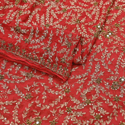 Indian Vintage Heavy Red Dupatta Georgette Long Stole Hand Embroidered Scarf Zardozi/Dabka Wedding/ Bridal Veil Party Wear