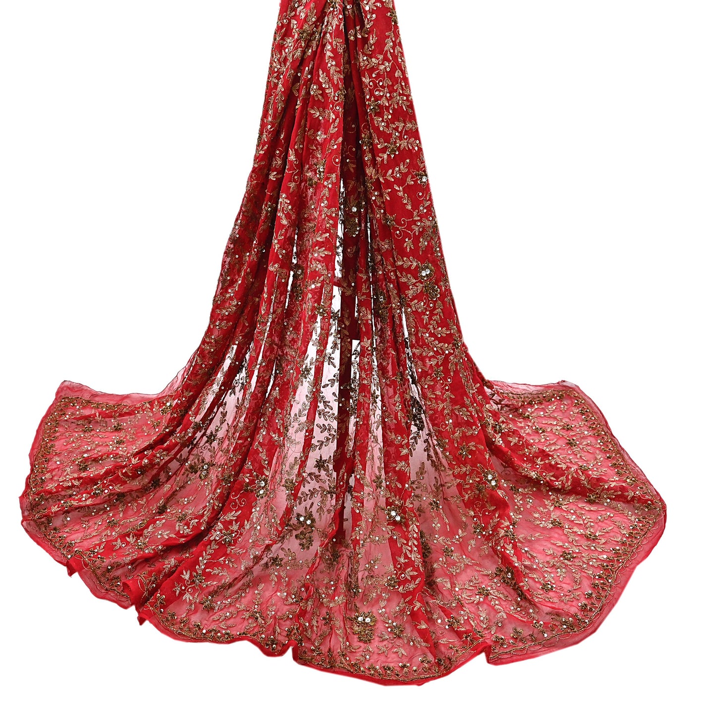 Indian Vintage Heavy Red Dupatta Georgette Long Stole Hand Embroidered Scarf Zardozi/Dabka Wedding/ Bridal Veil Party Wear