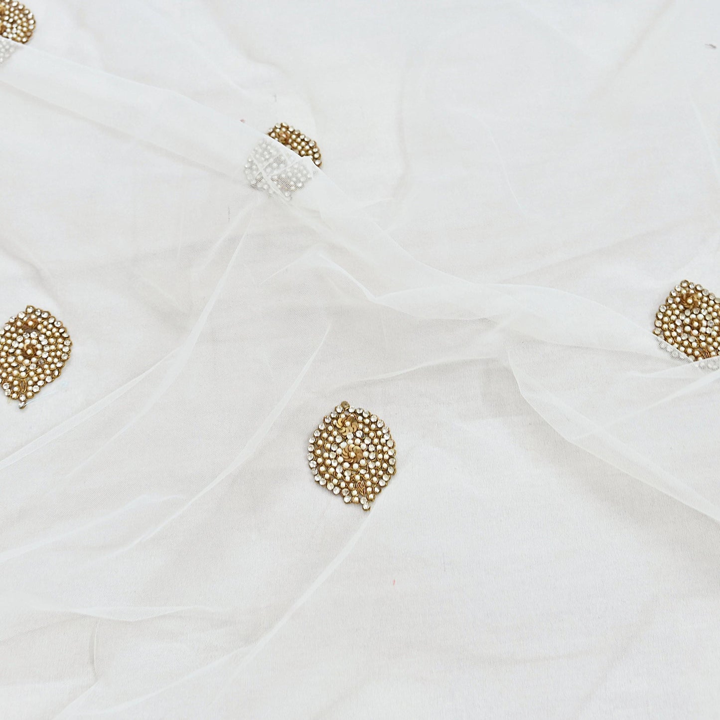 Indian Vintage Heavy White Dupatta Net Mesh Long Stole Hand Embroidered Scarves Sequins Zardozi Dabka Zari Stole
