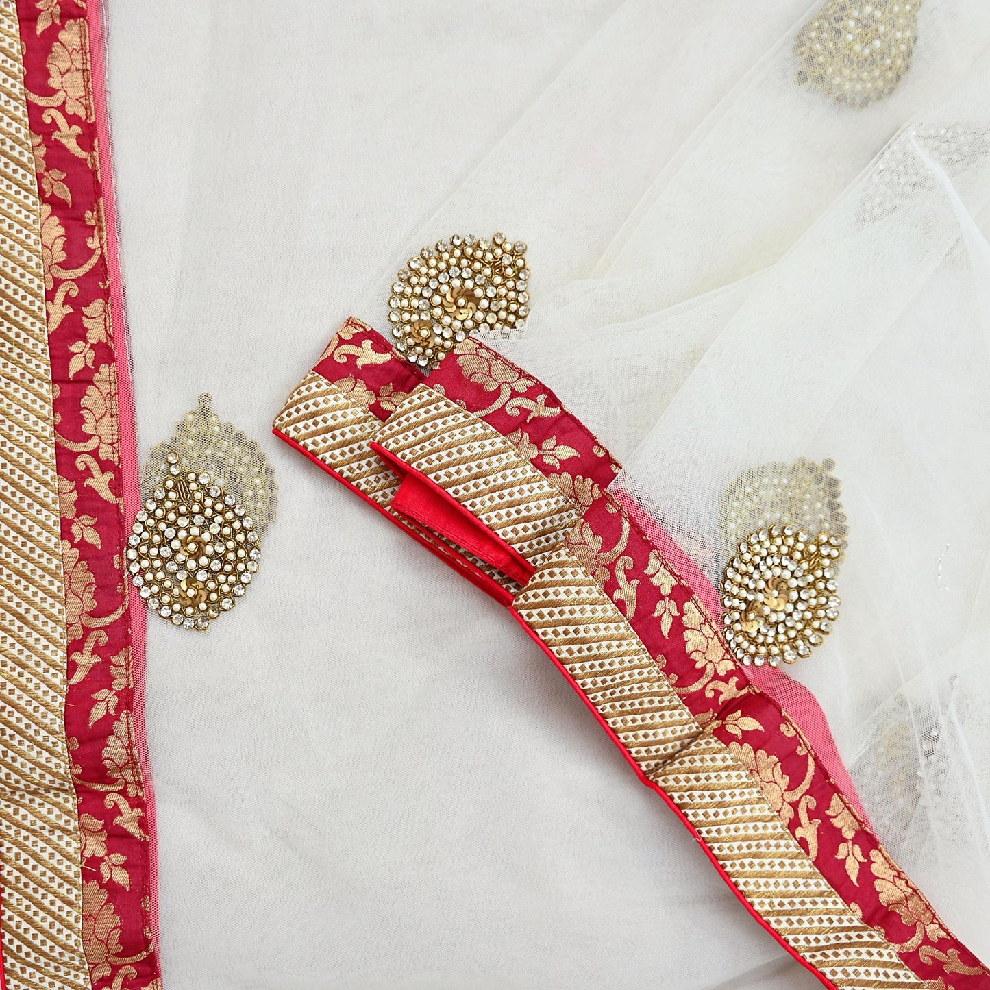 Indian Vintage Heavy White Dupatta Net Mesh Long Stole Hand Embroidered Scarves Sequins Zardozi Dabka Zari Stole