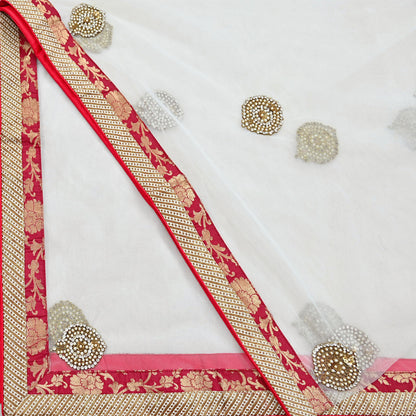 Indian Vintage Heavy White Dupatta Net Mesh Long Stole Hand Embroidered Scarves Sequins Zardozi Dabka Zari Stole