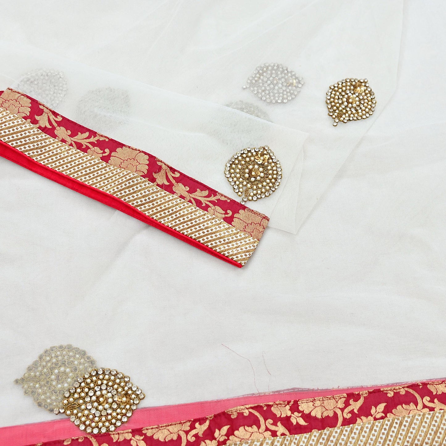 Indian Vintage Heavy White Dupatta Net Mesh Long Stole Hand Embroidered Scarves Sequins Zardozi Dabka Zari Stole