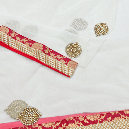 Indian Vintage Heavy White Dupatta Net Mesh Long Stole Hand Embroidered Scarves Sequins Zardozi Dabka Zari Stole