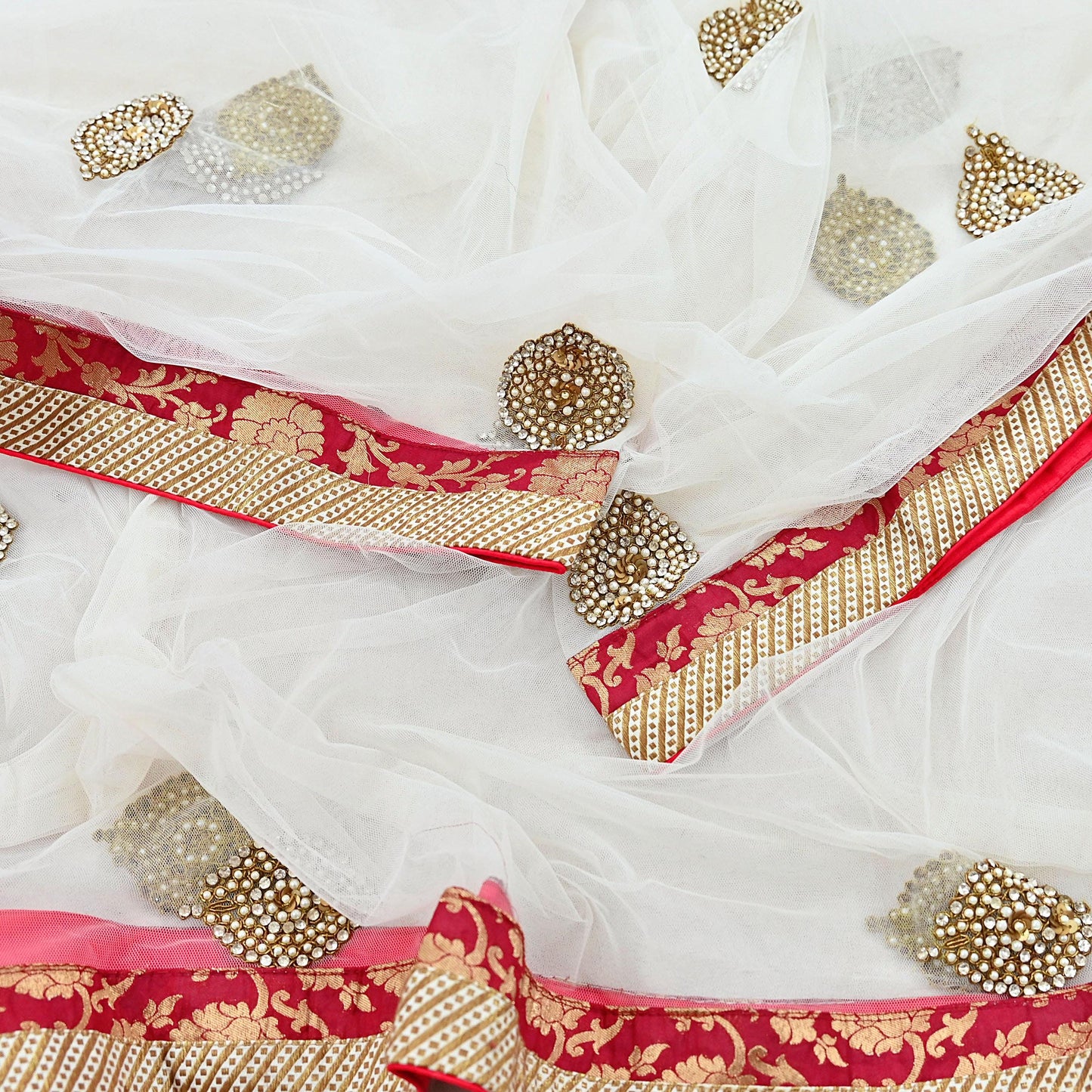 Indian Vintage Heavy White Dupatta Net Mesh Long Stole Hand Embroidered Scarves Sequins Zardozi Dabka Zari Stole