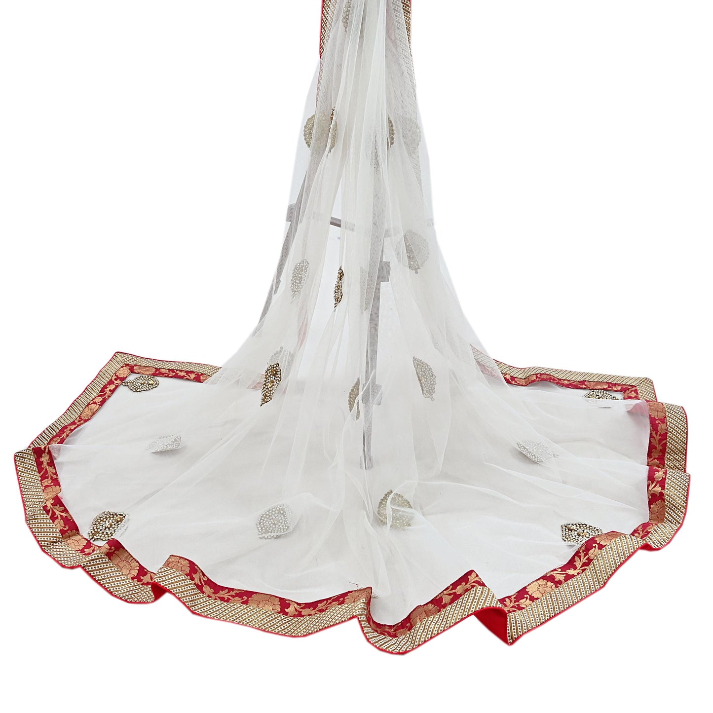 Indian Vintage Heavy White Dupatta Net Mesh Long Stole Hand Embroidered Scarves Sequins Zardozi Dabka Zari Stole