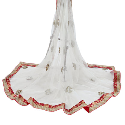 Indian Vintage Heavy White Dupatta Net Mesh Long Stole Hand Embroidered Scarves Sequins Zardozi Dabka Zari Stole