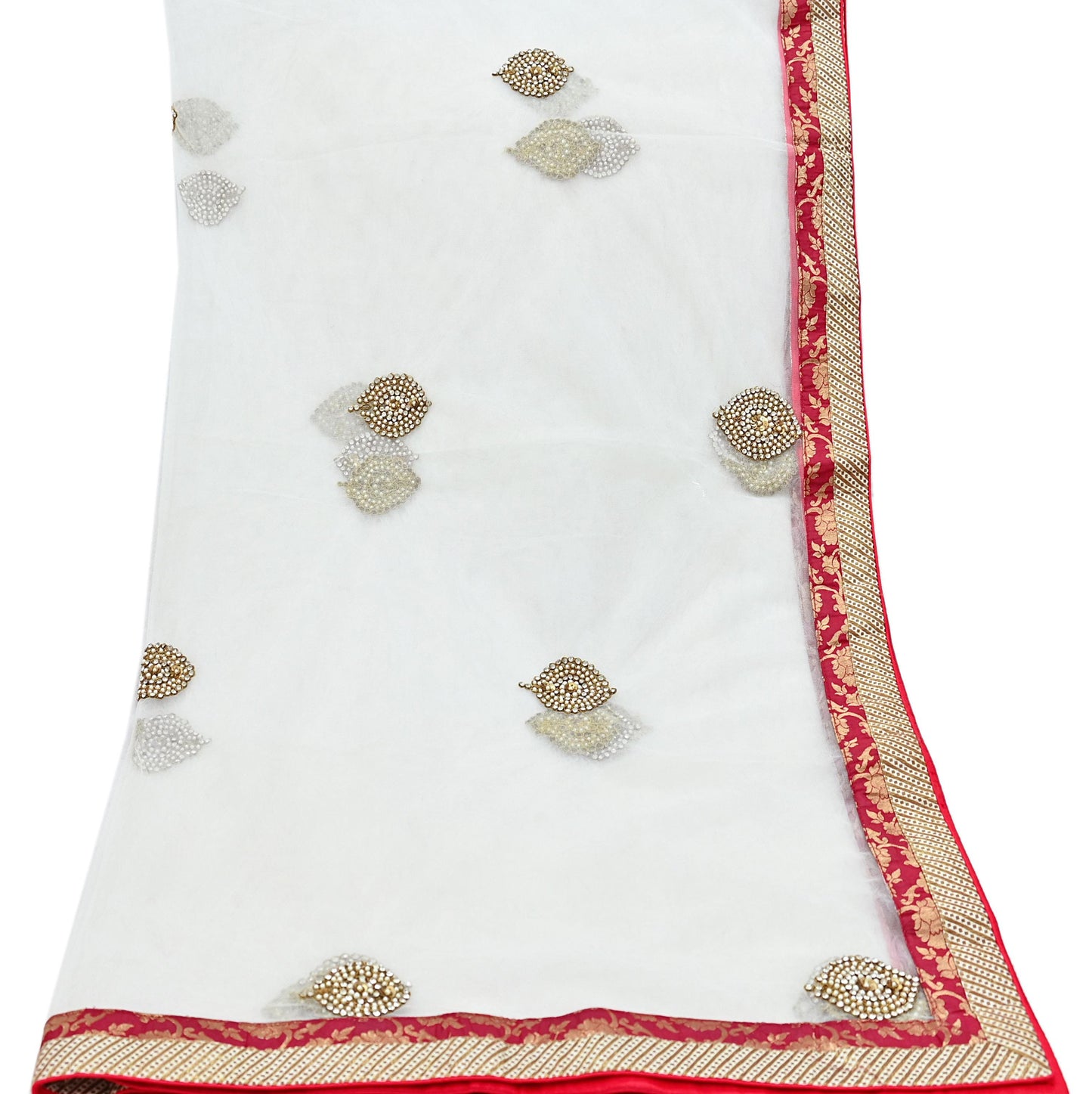 Indian Vintage Heavy White Dupatta Net Mesh Long Stole Hand Embroidered Scarves Sequins Zardozi Dabka Zari Stole