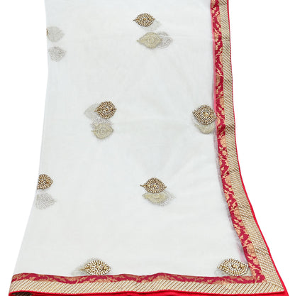 Indian Vintage Heavy White Dupatta Net Mesh Long Stole Hand Embroidered Scarves Sequins Zardozi Dabka Zari Stole