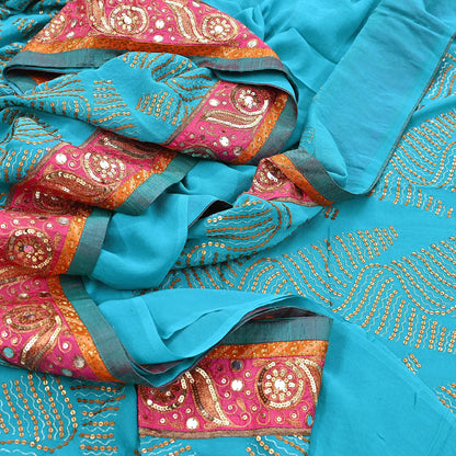 Indian Vintage Heavy Sari Blue Pure Georgette Silk Hand Embroidered Sarees Craft Fabric 6Yd Sewing Ethnic Bollywood saree Dress making