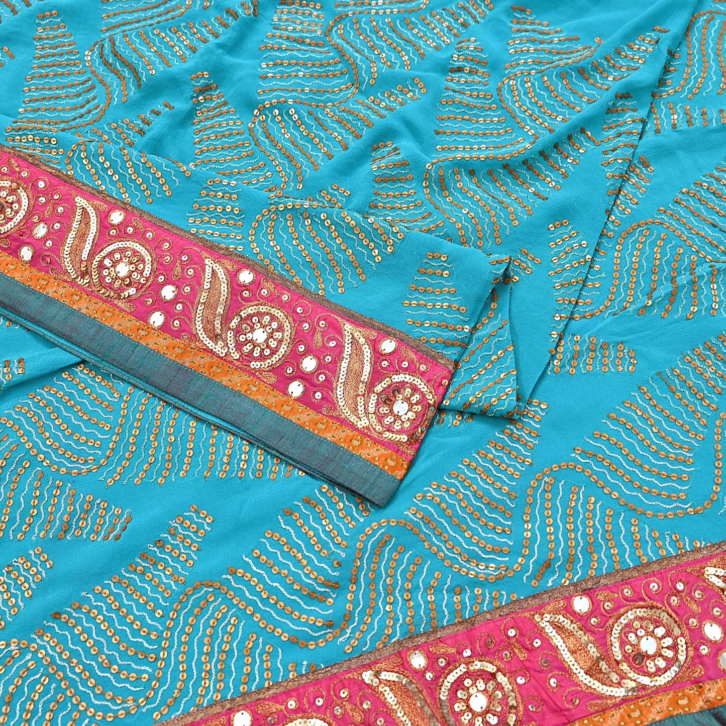 Indian Vintage Heavy Sari Blue Pure Georgette Silk Hand Embroidered Sarees Craft Fabric 6Yd Sewing Ethnic Bollywood saree Dress making