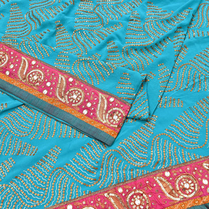 Indian Vintage Heavy Sari Blue Pure Georgette Silk Hand Embroidered Sarees Craft Fabric 6Yd Sewing Ethnic Bollywood saree Dress making