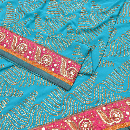 Indian Vintage Heavy Sari Blue Pure Georgette Silk Hand Embroidered Sarees Craft Fabric 6Yd Sewing Ethnic Bollywood saree Dress making