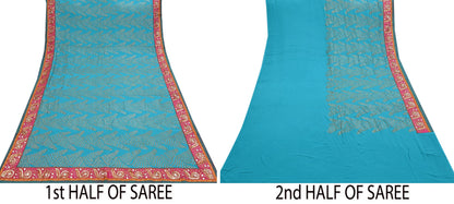Indian Vintage Heavy Sari Blue Pure Georgette Silk Hand Embroidered Sarees Craft Fabric 6Yd Sewing Ethnic Bollywood saree Dress making