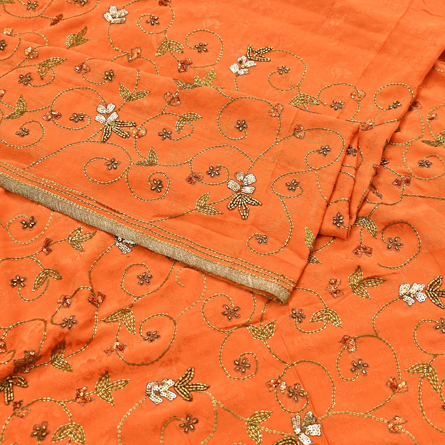 Indian Vintage Heavy Orange Saree Pure Crepe Silk Hand Embroidered Sari Fabric 5Yd Sewing Soft Zardozi/Dabka Sequins