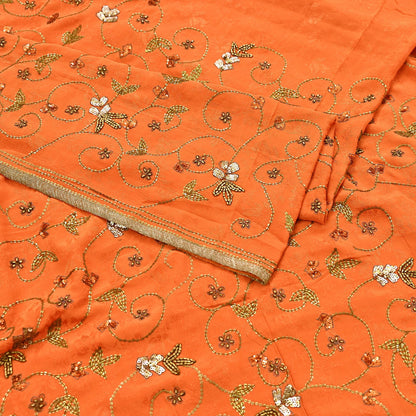 Indian Vintage Heavy Orange Saree Pure Crepe Silk Hand Embroidered Sari Fabric 5Yd Sewing Soft Zardozi/Dabka Sequins