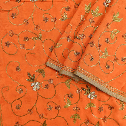 Indian Vintage Heavy Orange Saree Pure Crepe Silk Hand Embroidered Sari Fabric 5Yd Sewing Soft Zardozi/Dabka Sequins