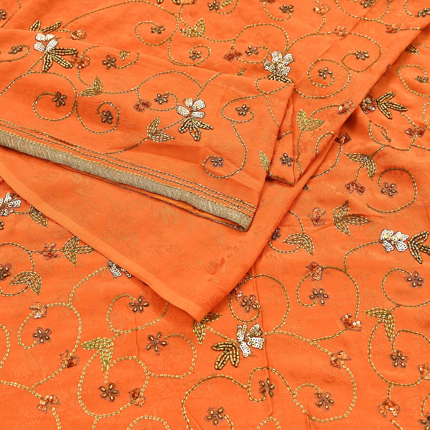 Indian Vintage Heavy Orange Saree Pure Crepe Silk Hand Embroidered Sari Fabric 5Yd Sewing Soft Zardozi/Dabka Sequins