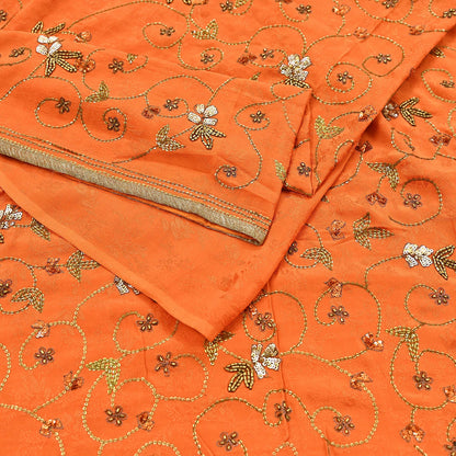 Indian Vintage Heavy Orange Saree Pure Crepe Silk Hand Embroidered Sari Fabric 5Yd Sewing Soft Zardozi/Dabka Sequins