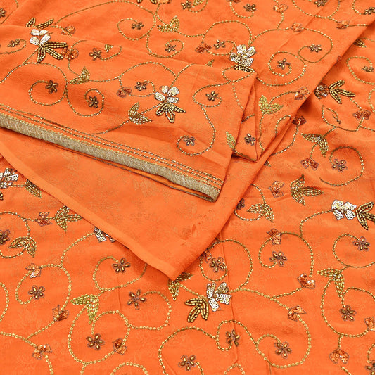 Indian Vintage Heavy Orange Saree Pure Crepe Silk Hand Embroidered Sari Fabric 5Yd Sewing Soft Zardozi/Dabka Sequins