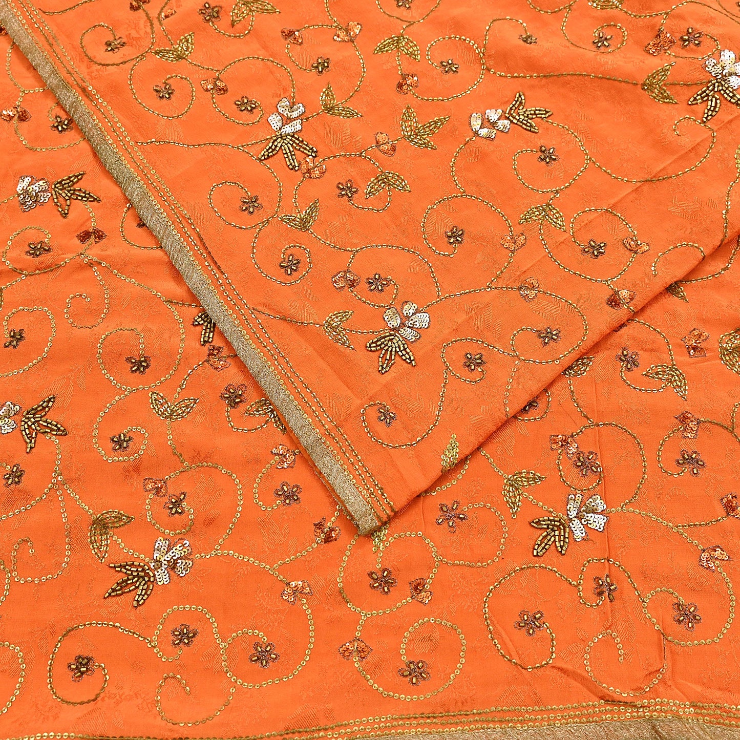 Indian Vintage Heavy Orange Saree Pure Crepe Silk Hand Embroidered Sari Fabric 5Yd Sewing Soft Zardozi/Dabka Sequins