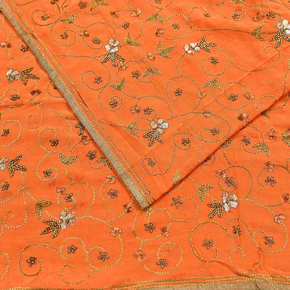 Indian Vintage Heavy Orange Saree Pure Crepe Silk Hand Embroidered Sari Fabric 5Yd Sewing Soft Zardozi/Dabka Sequins