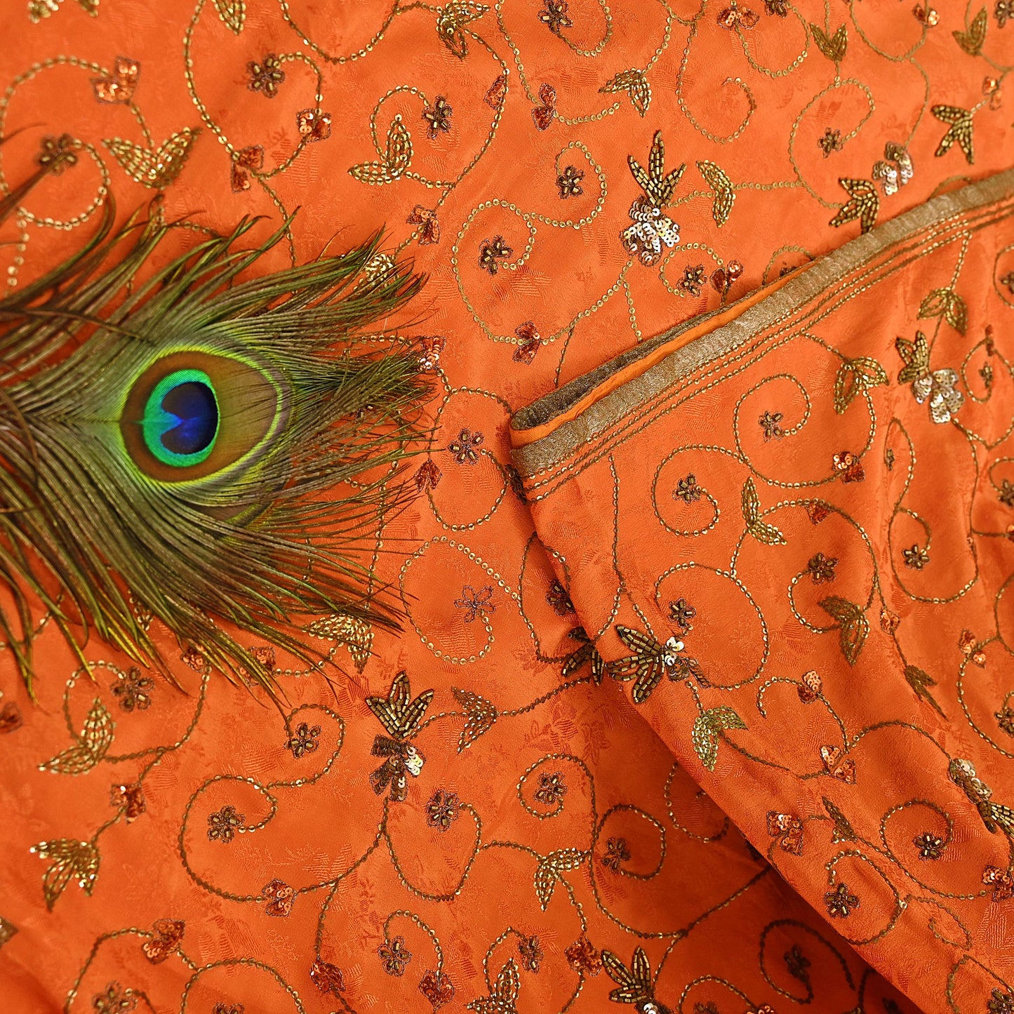 Indian Vintage Heavy Orange Saree Pure Crepe Silk Hand Embroidered Sari Fabric 5Yd Sewing Soft Zardozi/Dabka Sequins