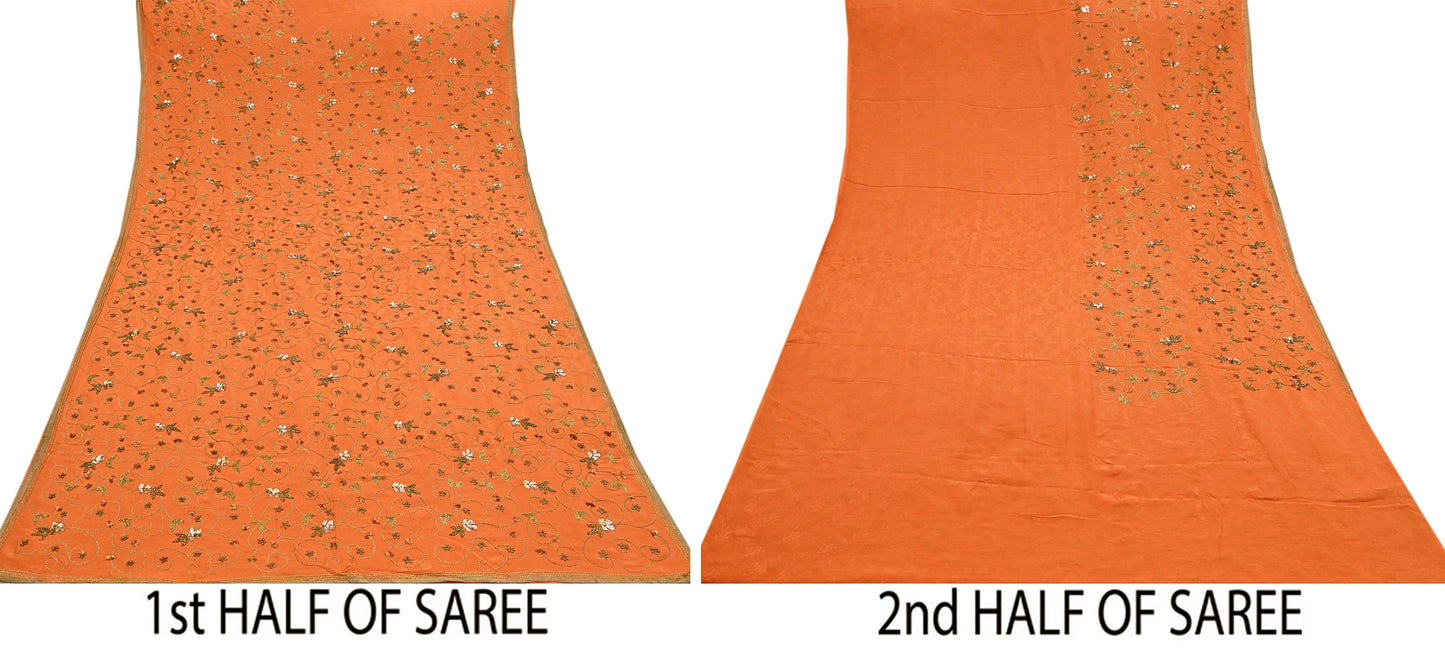 Indian Vintage Heavy Orange Saree Pure Crepe Silk Hand Embroidered Sari Fabric 5Yd Sewing Soft Zardozi/Dabka Sequins