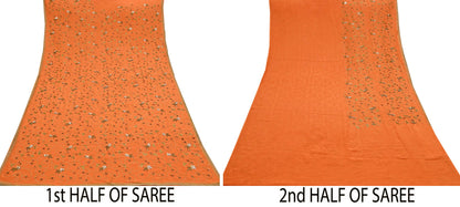 Indian Vintage Heavy Orange Saree Pure Crepe Silk Hand Embroidered Sari Fabric 5Yd Sewing Soft Zardozi/Dabka Sequins