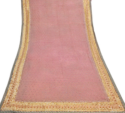 Indian Vintage Heavy Pink Saree Blend Georgette Hand Embroidered Sari Craft Fabric 6Yd Sewing Soft Ethnic Zari Dress Making wedding Sari