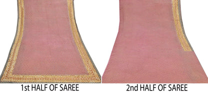 Indian Vintage Heavy Pink Saree Blend Georgette Hand Embroidered Sari Craft Fabric 6Yd Sewing Soft Ethnic Zari Dress Making wedding Sari