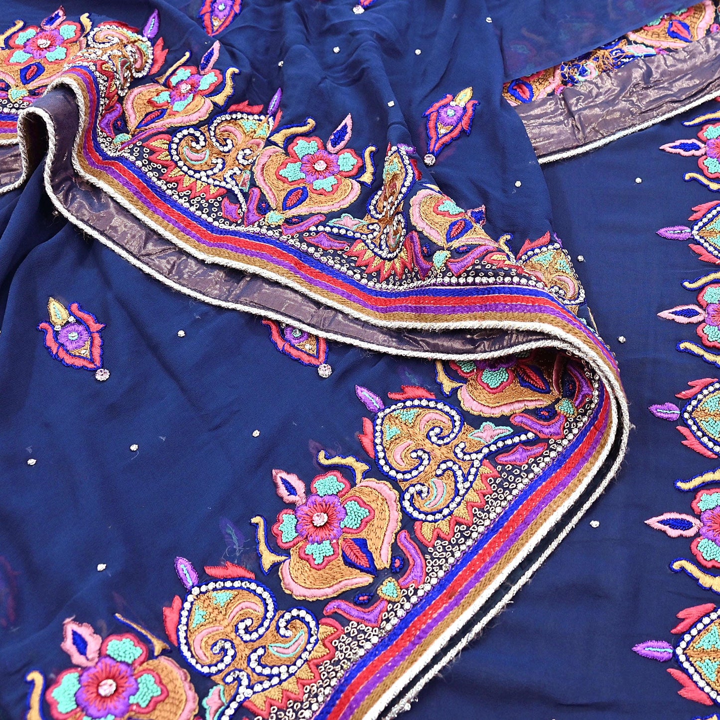 Indian Vintage Heavy Sari Blue Pure Georgette Silk Hand Beaded Sarees Craft Fabric 5Yd Sewing Soft Ethnic Wedding Sarees Dress making