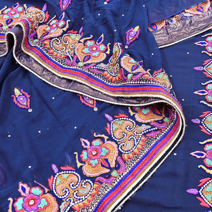 Indian Vintage Heavy Sari Blue Pure Georgette Silk Hand Beaded Sarees Craft Fabric 5Yd Sewing Soft Ethnic Wedding Sarees Dress making
