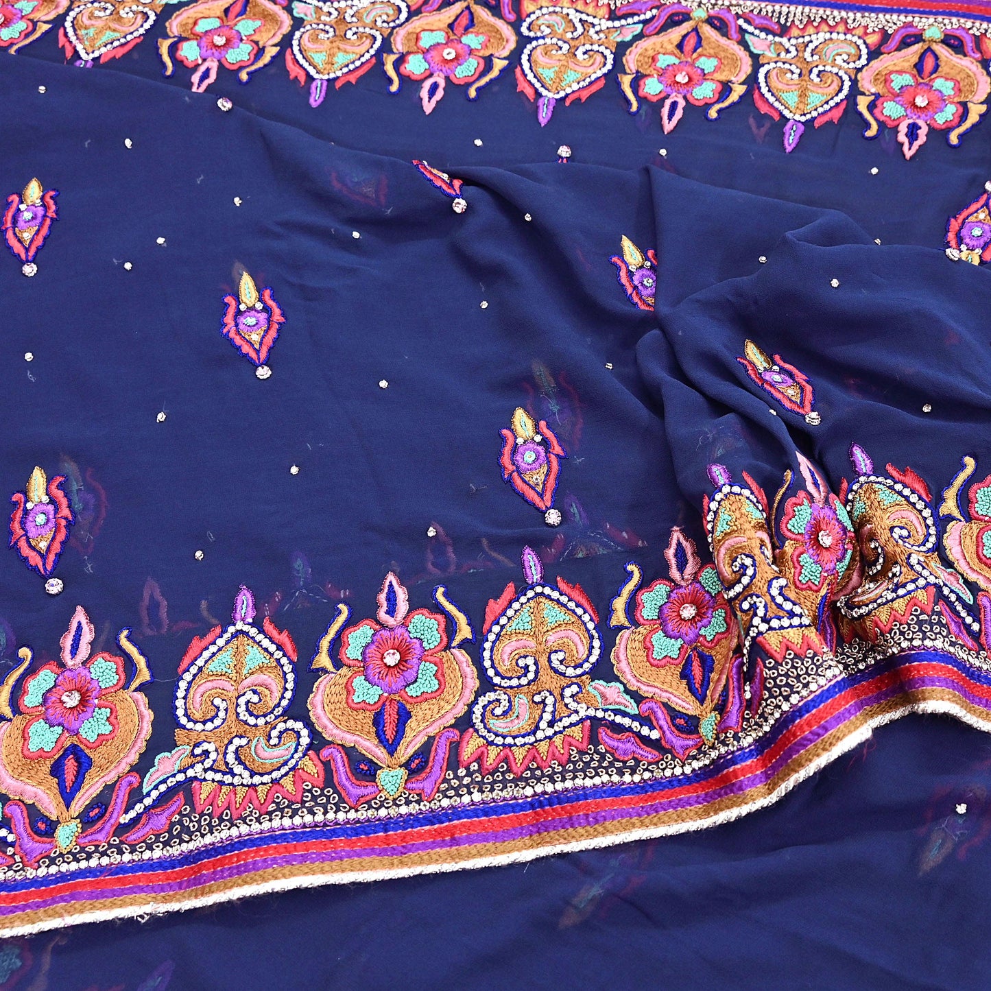 Indian Vintage Heavy Sari Blue Pure Georgette Silk Hand Beaded Sarees Craft Fabric 5Yd Sewing Soft Ethnic Wedding Sarees Dress making