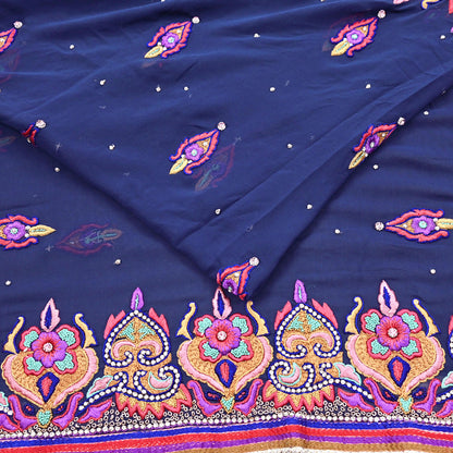 Indian Vintage Heavy Sari Blue Pure Georgette Silk Hand Beaded Sarees Craft Fabric 5Yd Sewing Soft Ethnic Wedding Sarees Dress making