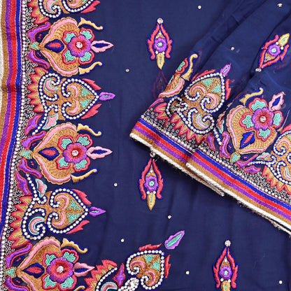 Indian Vintage Heavy Sari Blue Pure Georgette Silk Hand Beaded Sarees Craft Fabric 5Yd Sewing Soft Ethnic Wedding Sarees Dress making