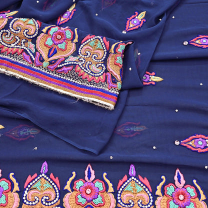 Indian Vintage Heavy Sari Blue Pure Georgette Silk Hand Beaded Sarees Craft Fabric 5Yd Sewing Soft Ethnic Wedding Sarees Dress making