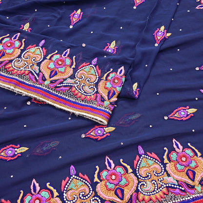 Indian Vintage Heavy Sari Blue Pure Georgette Silk Hand Beaded Sarees Craft Fabric 5Yd Sewing Soft Ethnic Wedding Sarees Dress making