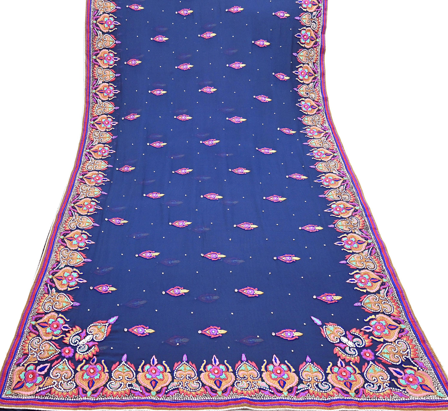 Indian Vintage Heavy Sari Blue Pure Georgette Silk Hand Beaded Sarees Craft Fabric 5Yd Sewing Soft Ethnic Wedding Sarees Dress making