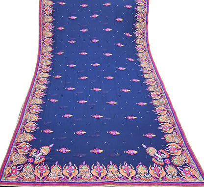 Indian Vintage Heavy Sari Blue Pure Georgette Silk Hand Beaded Sarees Craft Fabric 5Yd Sewing Soft Ethnic Wedding Sarees Dress making