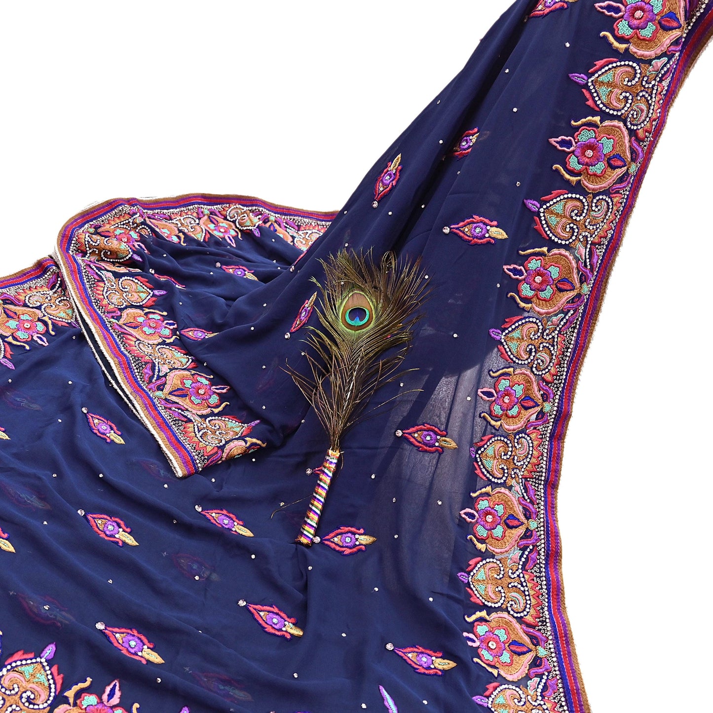 Indian Vintage Heavy Sari Blue Pure Georgette Silk Hand Beaded Sarees Craft Fabric 5Yd Sewing Soft Ethnic Wedding Sarees Dress making