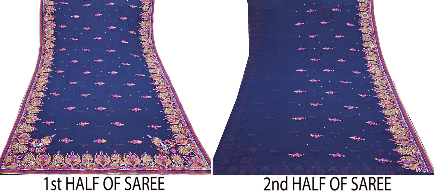 Indian Vintage Heavy Sari Blue Pure Georgette Silk Hand Beaded Sarees Craft Fabric 5Yd Sewing Soft Ethnic Wedding Sarees Dress making