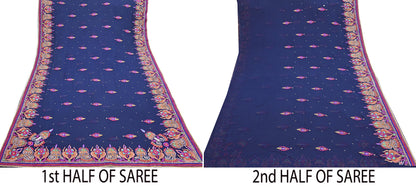 Indian Vintage Heavy Sari Blue Pure Georgette Silk Hand Beaded Sarees Craft Fabric 5Yd Sewing Soft Ethnic Wedding Sarees Dress making